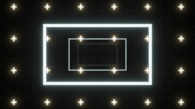 looped 3d animation, Futuristic digital tunnel with glowing neon rectangles and geometric cross pattern grid on dark abstract background. Abstract cycled background