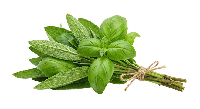 Fresh culinary herbs bundle with basil and sage leaves high quality 4K PNG image in white high quality 4K PNG image in white background