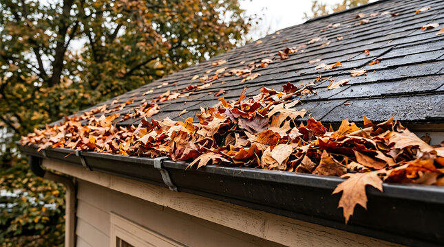 Autumn leaves scattered on a sloped roof with rain-damp shingles and surrounding fall foliage a cozy outdoor scene capturing