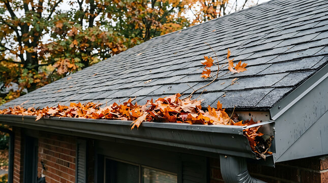 Autumn leaves accumulated on a sloped house roof with a brick wall and colored fall foliage in background