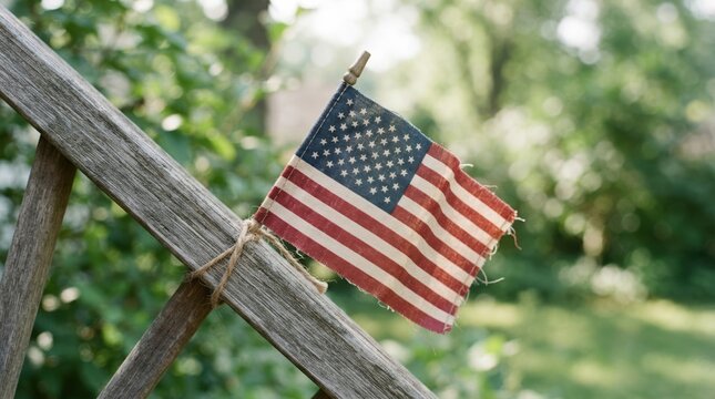 Small American flag tied with twine to a rustic wooden fence in a lush green garden setting representing patriotism and national pride