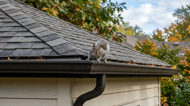 squirrel perched on the edge of a roof gutter with autumn foliage in the background
