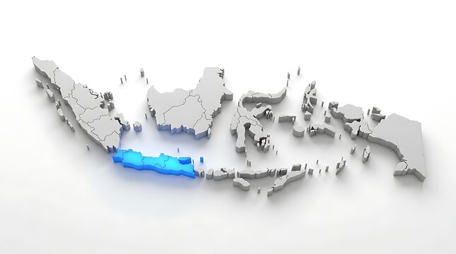 Three dimensional map illustrating highlighted island region within southeast asian archipelago territory conceptual graphic design with archipelago single prominent
