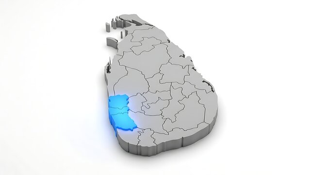 Three dimensional grey map of sri lanka highlighting specific western provinces with bright blue glow