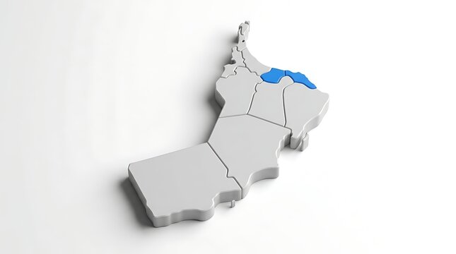 Three dimensional map of oman featuring a bright blue highlighted northern administrative region with single northern province clean white background