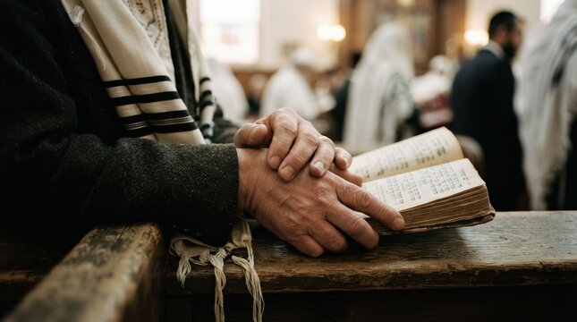 Jewish man praying with tallit and siddur prayer book in synagogue for worship and religious devotion