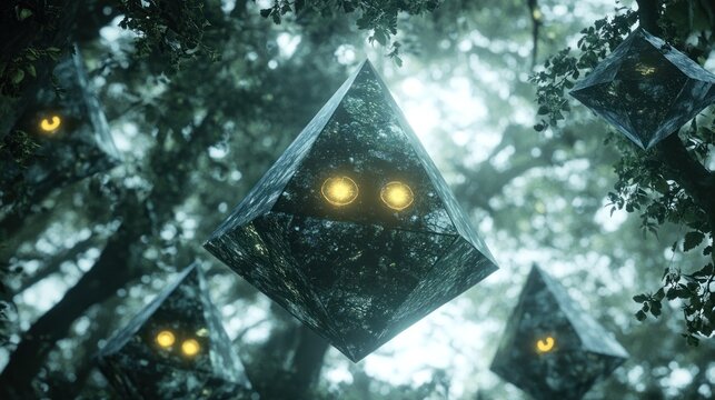 Dark pyramid entities in a forest