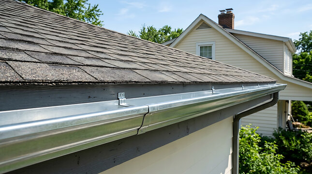 Close-up of residential house roof with asphalt shingles and metal gutter in a suburban neighborhood