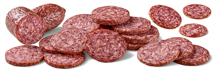 Obraz premium Slices of savory cured salami arranged on a white background.