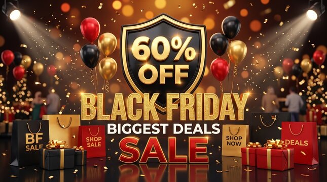 Black Friday sale banner 60 percent off, luxury 3D gold text with balloons, shopping bags, and gifts on festive bokeh background for retail marketing.