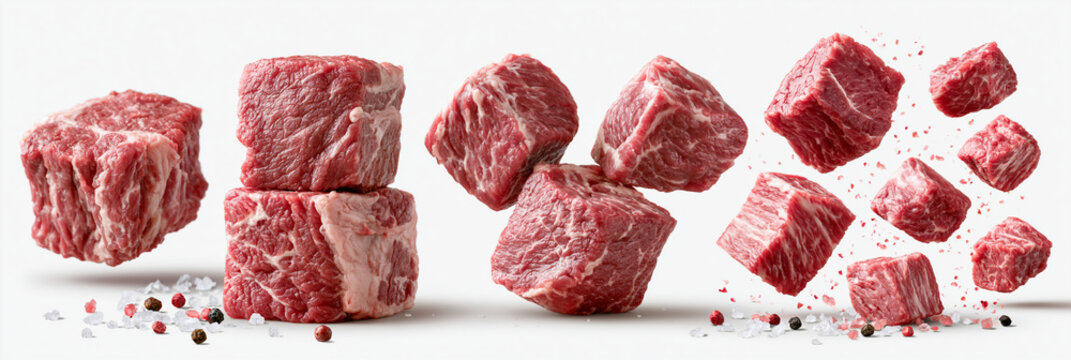 Raw beef chunks arranged artistically with spices and salt against a clean backdrop.