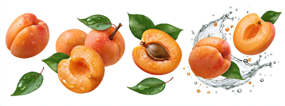 Fresh apricots with leaves and water splash for a vibrant, juicy look.
