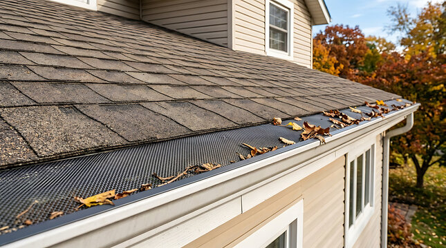 close-up view of a residential house's roof with fallen autumn leaves on gutter and shingles
