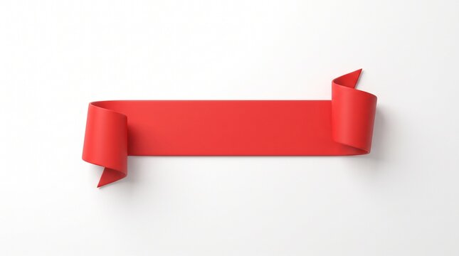 Red ribbon banner with curled ends on white background, 3D render blank horizontal scroll for marketing, sales, and holiday announcements. Minimalist graphic for text overlay and web design.