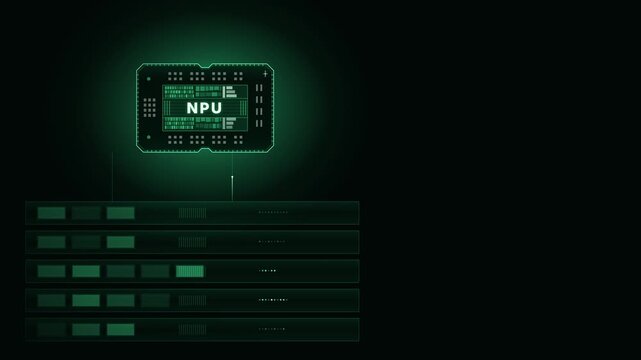 Futuristic NPU chip display over a server rack featuring glowing teal and green elements, emphasizing technology with a sleek design and digital activity indicators.