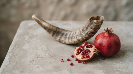 Obraz premium Traditional Jewish Rosh Hashanah symbols with shofar horn and ripe red pomegranate fruits on a stone table background for religious autumn celebration concepts