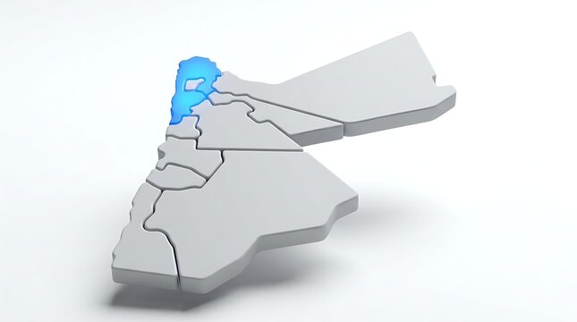Three dimensional map of jordan highlighting a specific governorate region with soft glowing blue light with northern section illuminated composed white segments