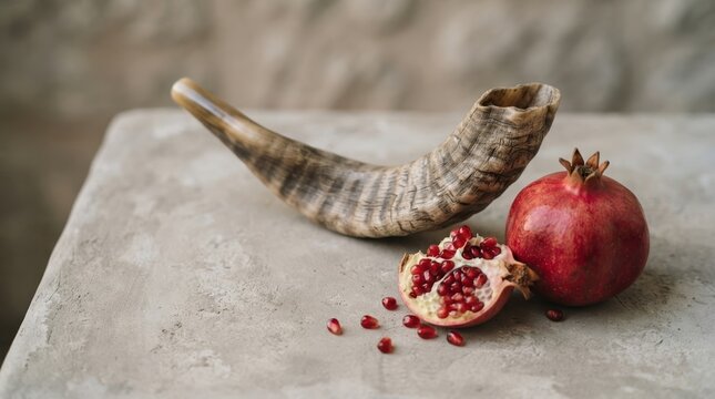 Traditional Jewish Rosh Hashanah symbols with shofar horn and ripe red pomegranate fruits on a stone table background for religious autumn celebration concepts