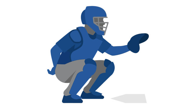 Baseball catcher in blue uniform squatting on field
