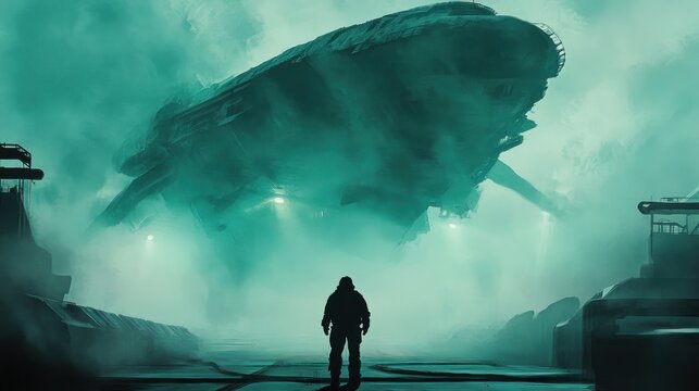 Alien spacecraft hovers over a desolate industrial landscape. A lone figure observes