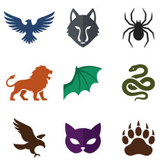 Fototapeta premium Set of colorful animal and creature icons in flat vector style