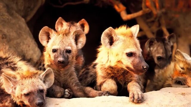 Group of cute spotted hyena cubs resting together outside their den