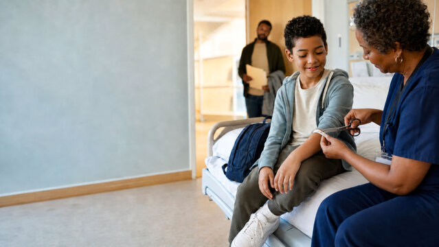 Pediatric Nurse Removing a Hospital Wristband From a Smiling Boy Ready to Go Home With His Father After Medical Treatment, Recovery and Discharge Concept With Copy Space