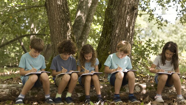 Five children write in notebooks while sitting on a log in a sunlit forest.