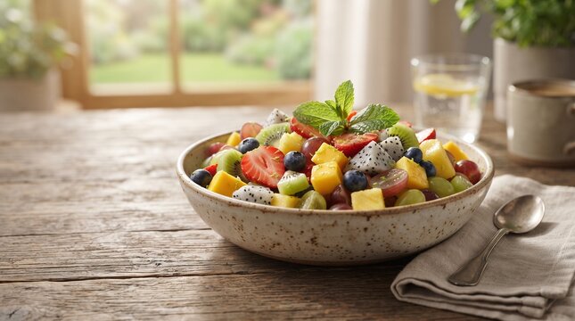 Fresh Tropical Fruit Salad Bowl for Healthy Breakfast. Colorful tropical fruit salad with fresh berries and exotic fruits served in natural morning light for a healthy breakfast concept.
