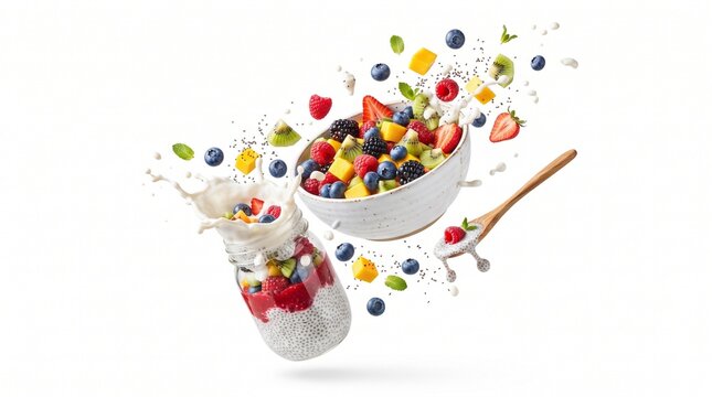 Floating Fruit Salad and Chia Pudding Isolated on White. Creative floating healthy breakfast featuring fruit salad and chia pudding with fresh ingredients isolated on white.