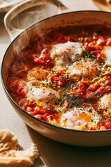 Fototapeta premium Steaming shakshuka poached eggs in tomato pepper sauce close-up