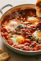 Fototapeta premium Shakshuka skillet with torn flatbread and poached eggs
