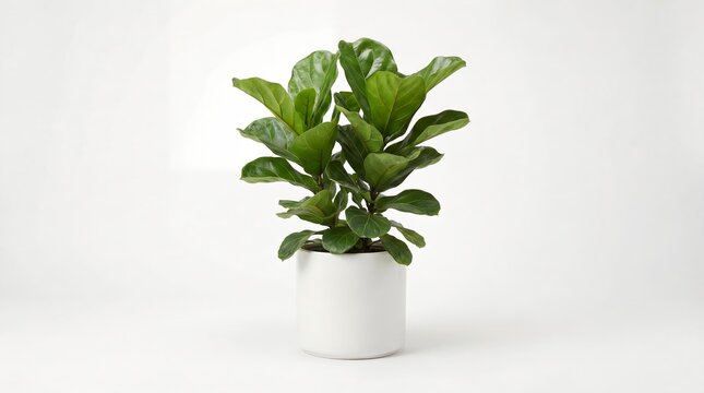 A healthy fiddle leaf fig plant in a white ceramic pot, its large green leaves reaching upwards. The plant is well-maintained and sits against a clean, plain background.