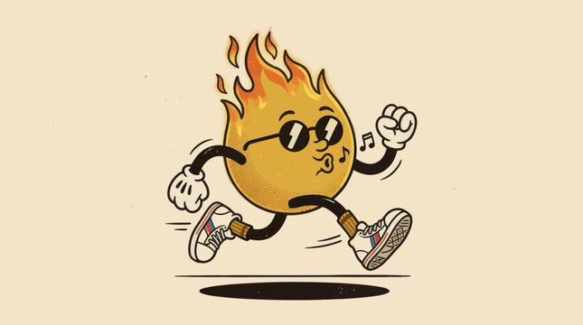 Running fire flame character illustration in retro style