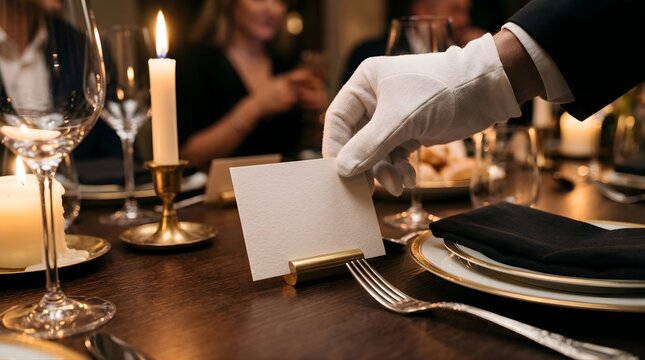 A waiter in white gloves places a blank name card at a formal dinner table