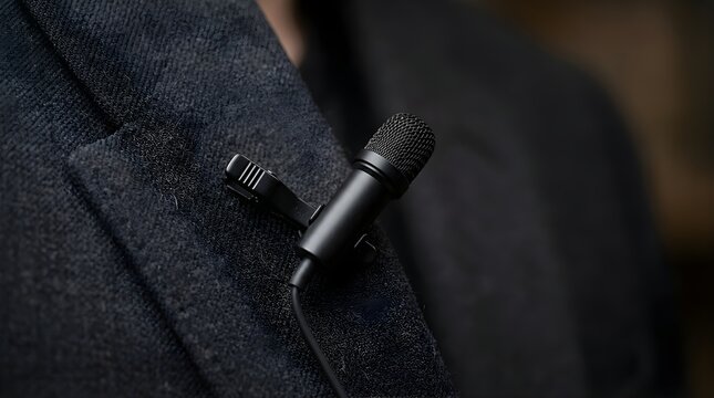 Black lavalier microphone clipped on a dark suit jacket for professional audio