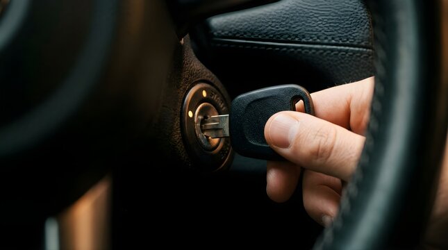 Close-up of a driver turning a car key in the ignition switch to start