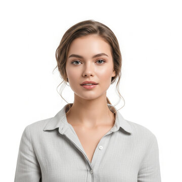 Young woman with light brown hair and blue eyes wearing a grey shirt