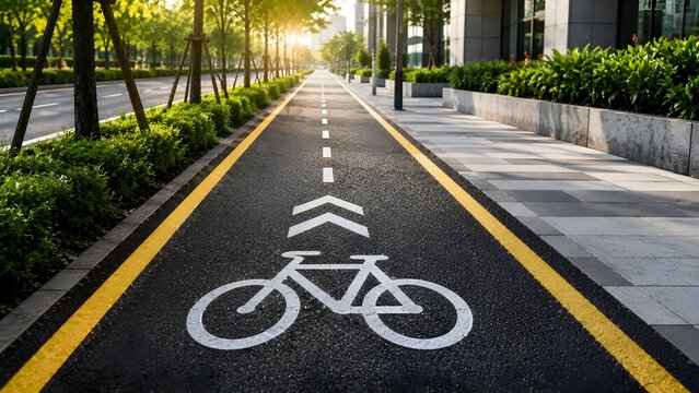Dedicated bicycle lane with directional arrows on modern urban asphalt road symbolizing eco friendly city transit infrastructure