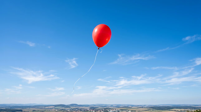 A single bright red balloon ascending into a vast blue sky with scattered white clouds over a distant landscape