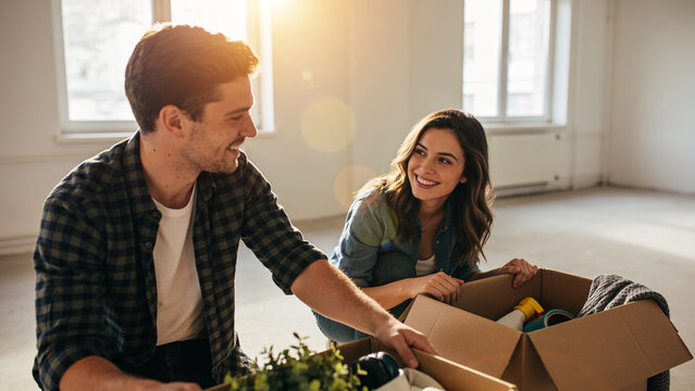 Young couple moving into new home unpacking boxes