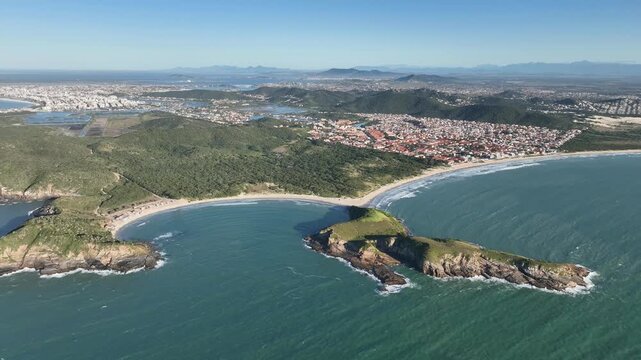 Cabo Frio in Rio de Janeiro. Conchas beach, Praia das Conchas. Aerial view, establishing shot.