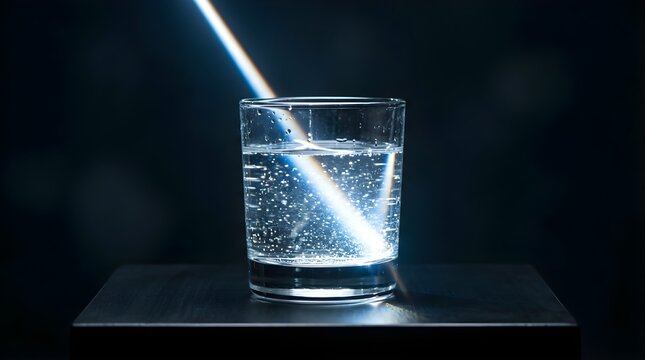 Glass of sparkling water with light refraction on dark background
