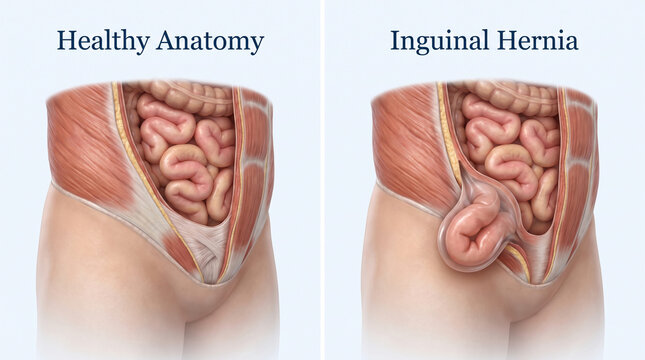 3D Medical Illustration Comparing Healthy Anatomy to Inguinal Hernia