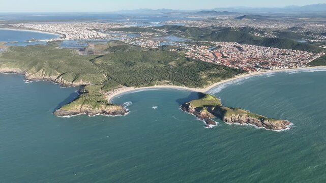 Cabo Frio in Rio de Janeiro. Conchas beach, Praia das Conchas. Aerial view, establishing shot.
