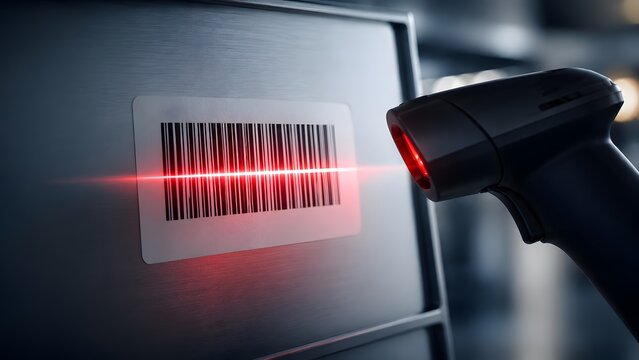 Inventory barcode scanning logistics warehouse management concept showing wireless laser scanner reading product label on metal container