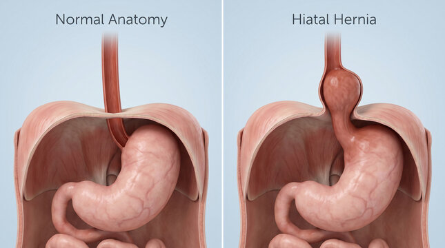 3D Illustration Comparing Normal Anatomy and Hiatal Hernia