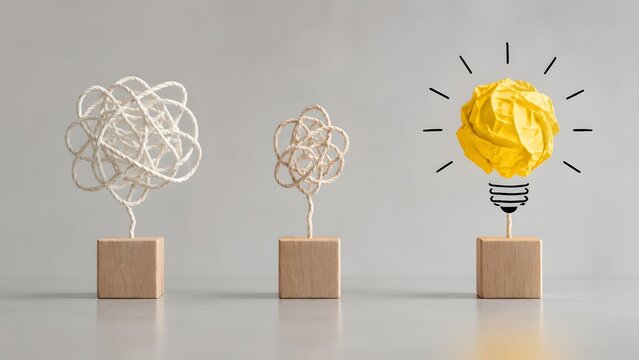 Simplifying complexity concept showing tangled white string untangling into bright yellow paper lightbulb representing creative business solution