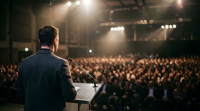 Speaker presenting at a large corporate conference on a dark stage