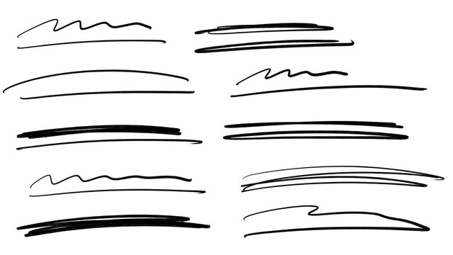 Collection of hand drawn black ink underline stroke elements on white background with underline emphasis highlight scribble creative